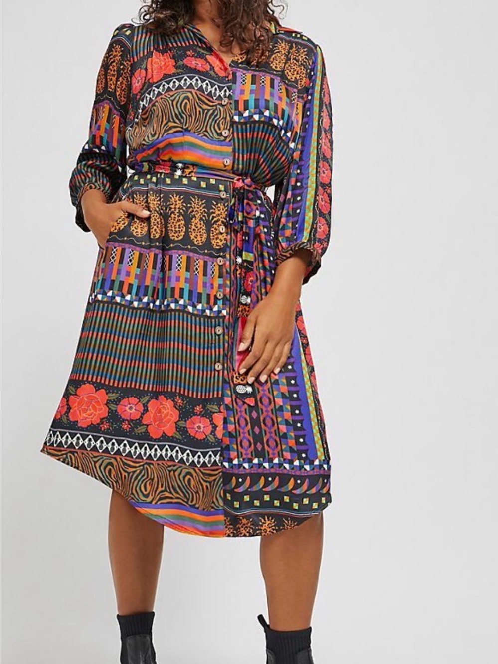 FARM Rio Black Multicolor Patchwork Midi Dress with Tie Waist
